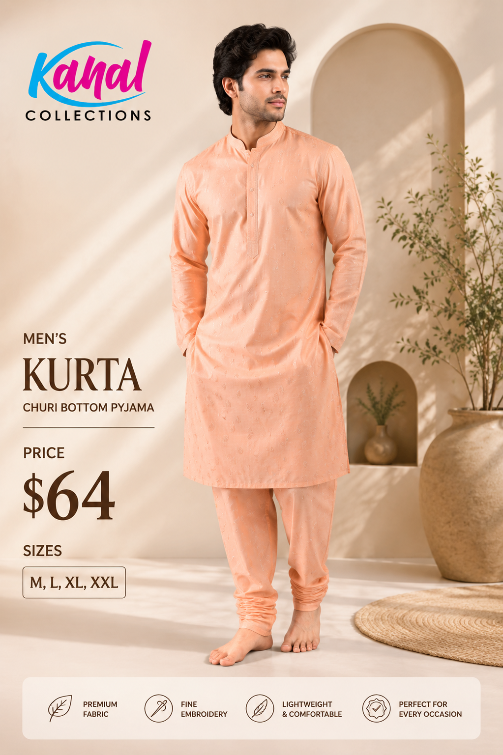 Kanal Collections Men's Peach Kurta and Churi Bottom Pyjama Sets