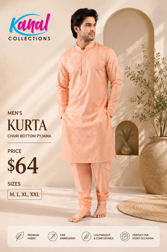 Kanal Collections Men's Peach Kurta and Churi Bottom Pyjama Sets