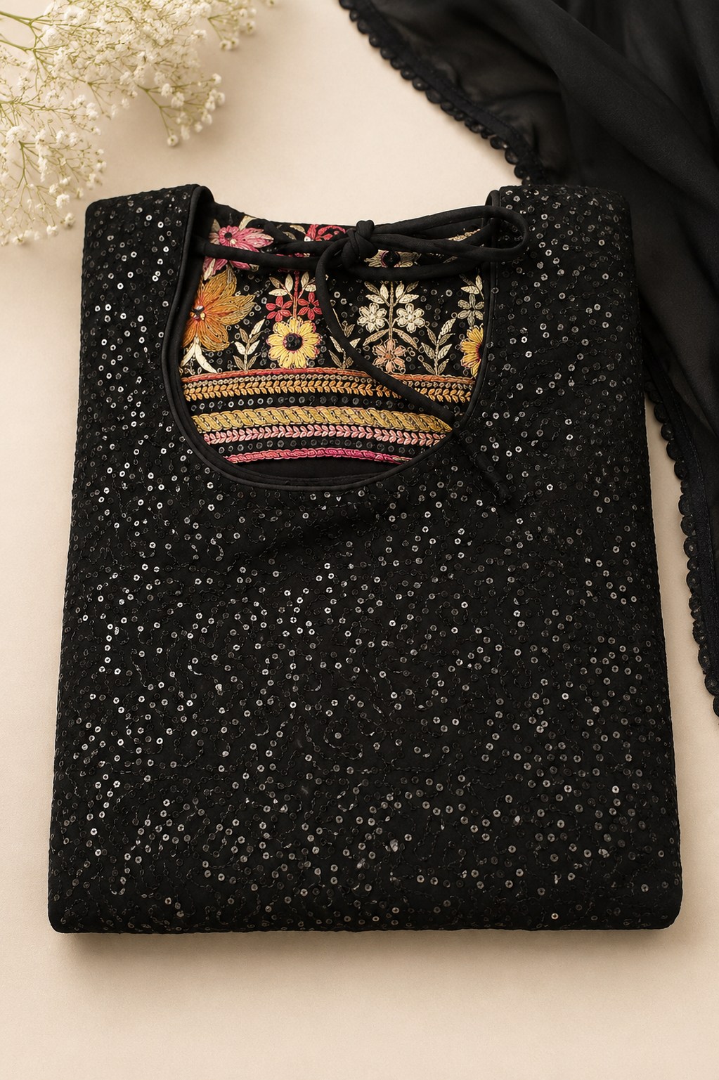 Girls Black Embroidered Palazzo Set – Sizes 32–38