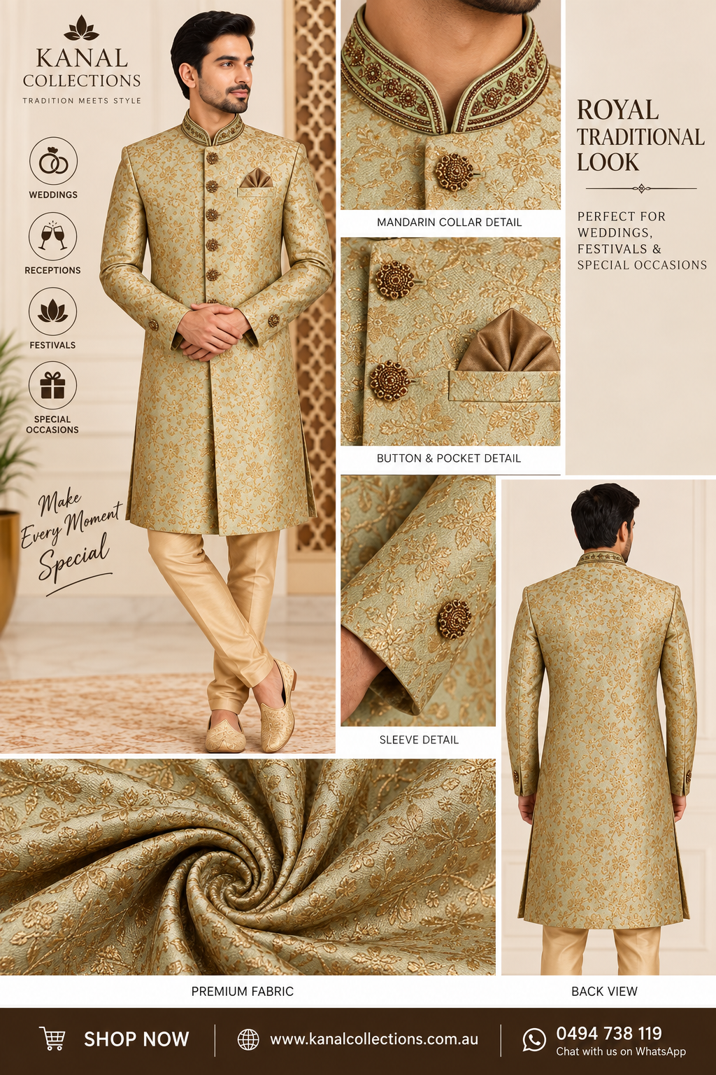 Light Green Sherwani for Men | Wedding & Festive Wear Australia