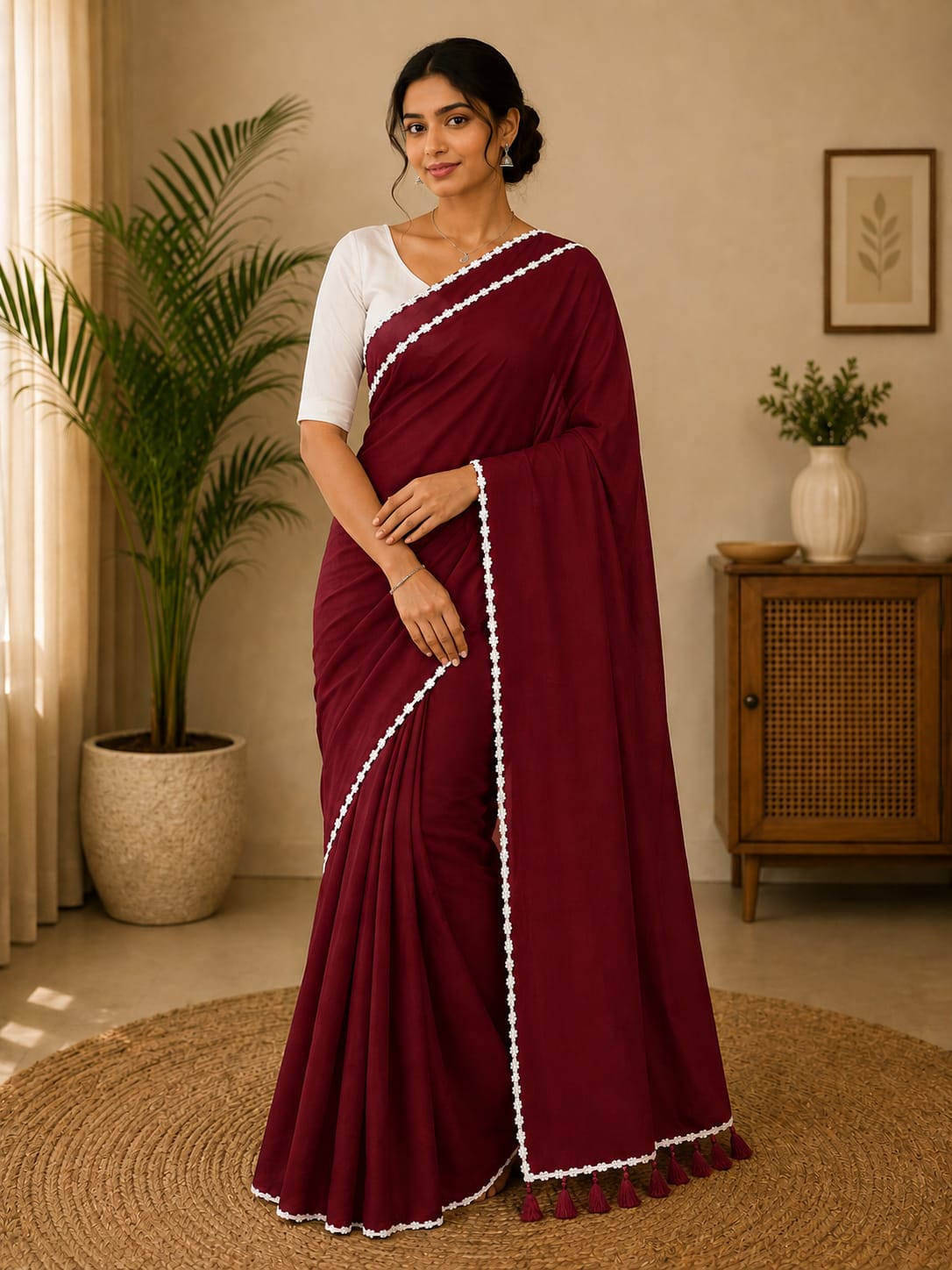 Deep Wine Mul Cotton Saree with White Lace Border