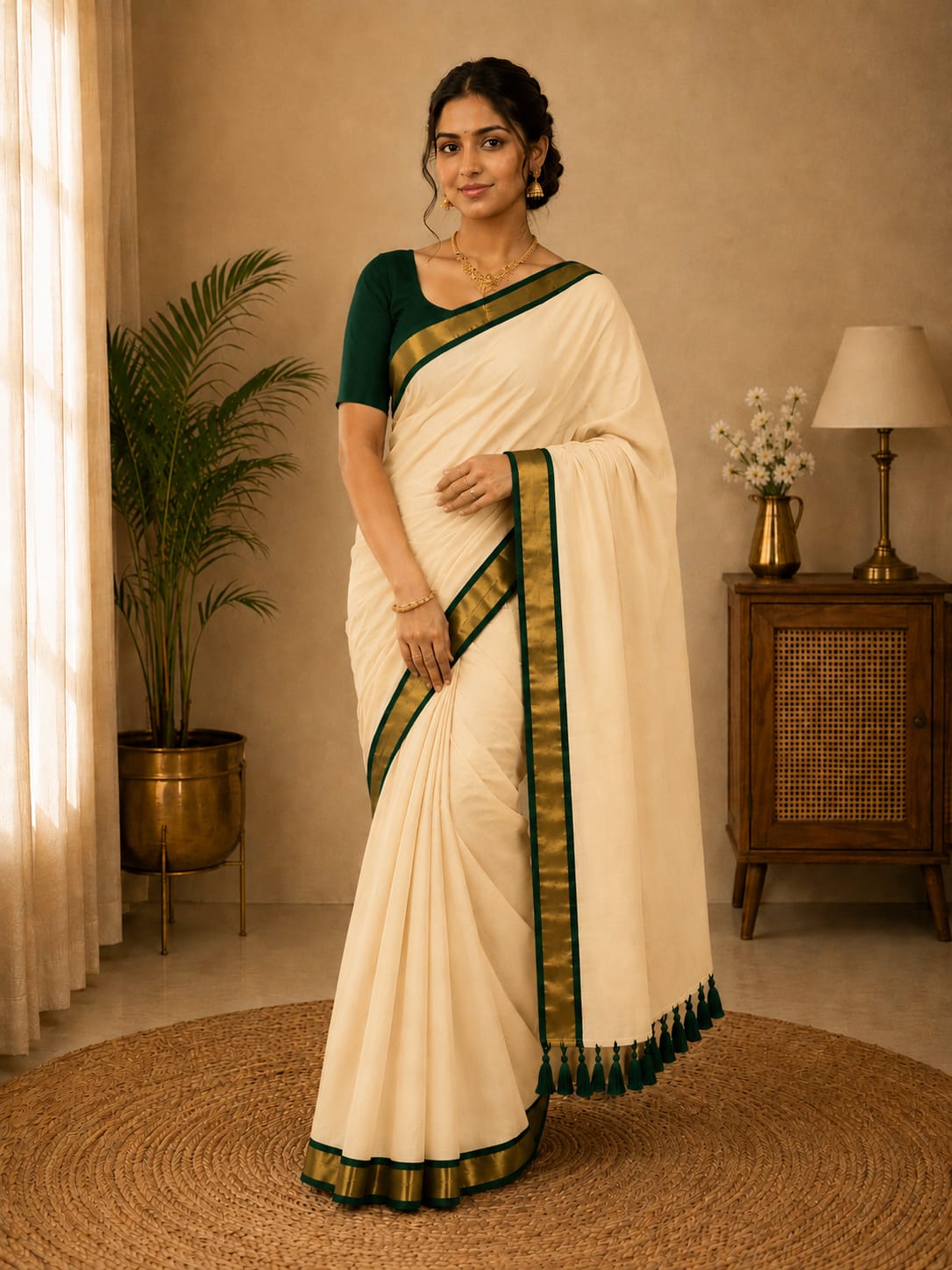 Off-White Mul Cotton Saree with Bottle Green Border