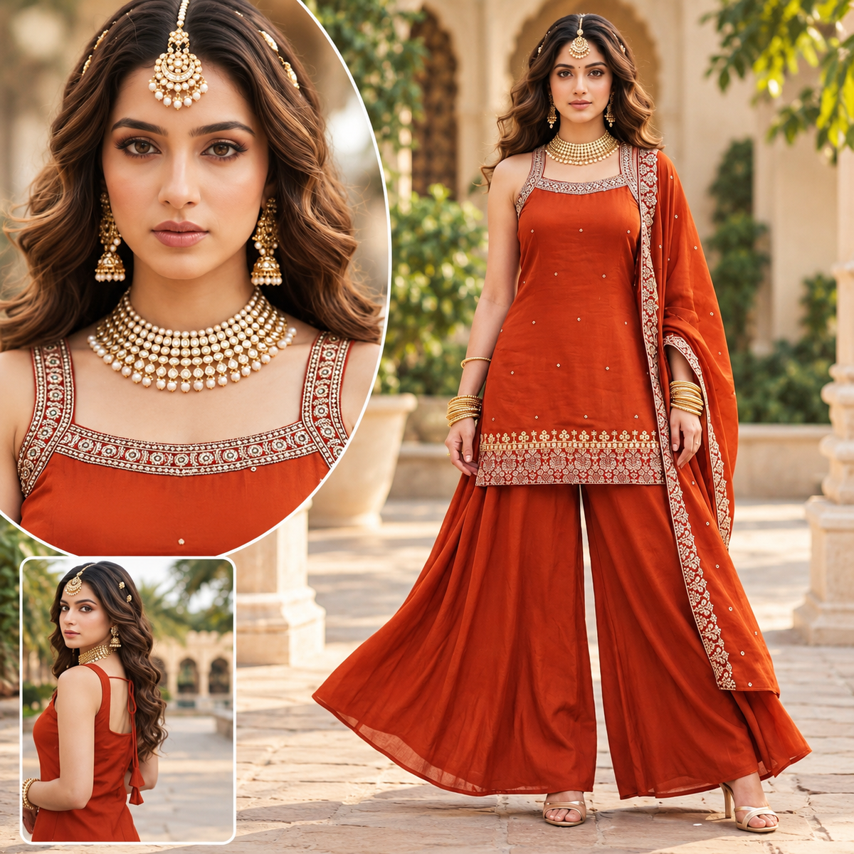 Rust Orange Vichitra Silk Salwar Suit Set – L & XL