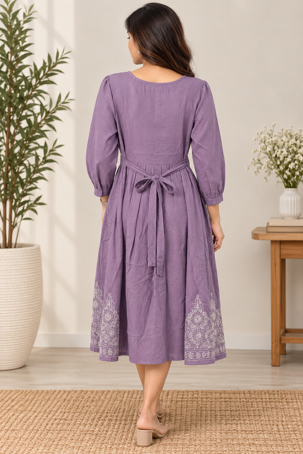 Lavender Embroidered Flared Midi Dress