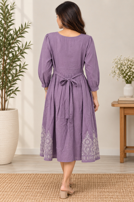 Lavender Embroidered Flared Midi Dress