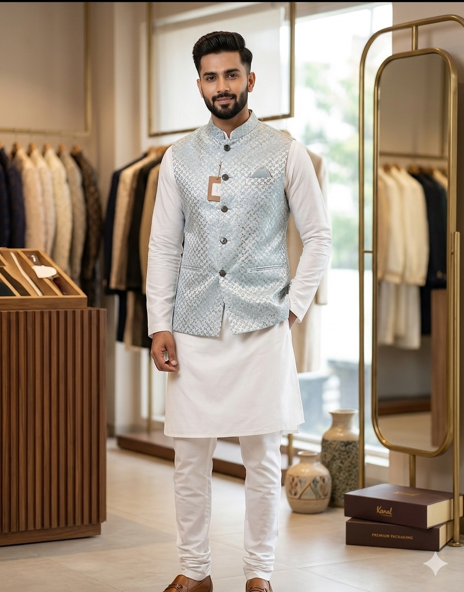 Sky Blue & Gold Geometric Jacquard Modi Jacket