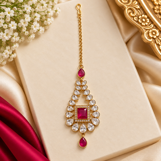 Ruby Red and Gold Maang Tikka – Indian Bridal Jewellery