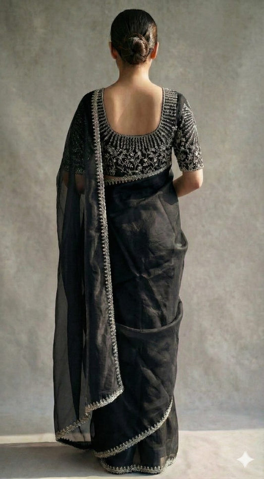 Midnight Elegance: Hand-Embellished Organza Saree