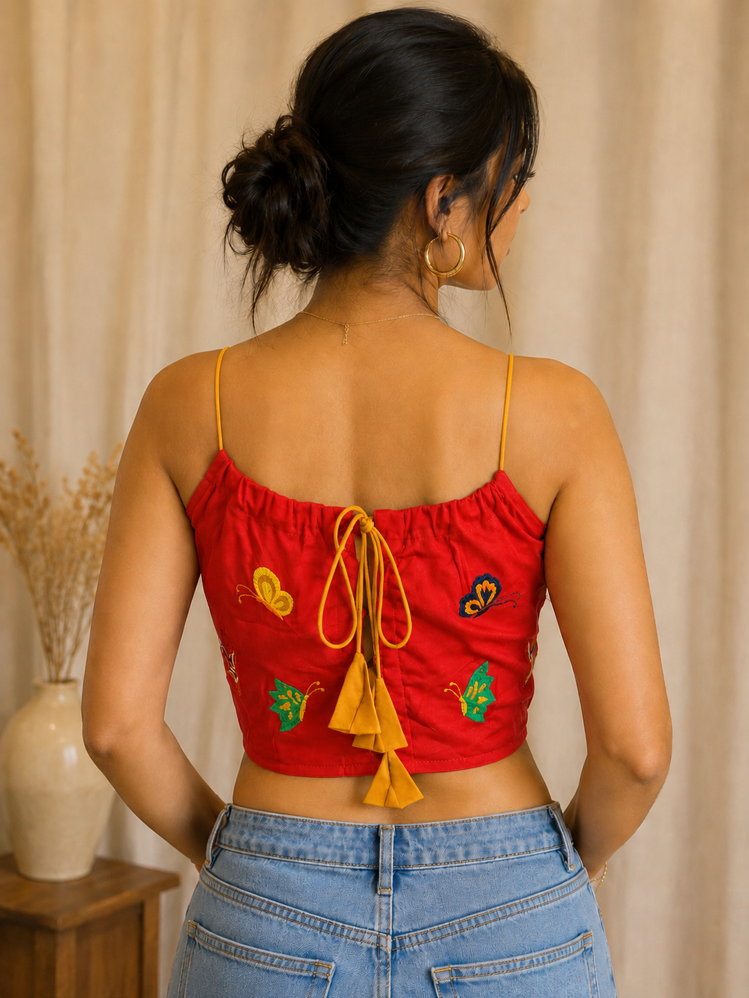 Butterfly Embroidered Cotton Strappy Blouse – Fiery Red