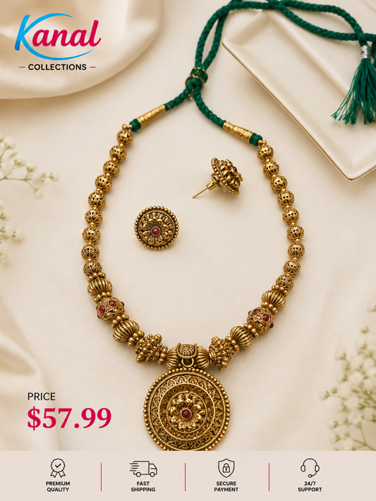 Antique Gold Mandala Pendant Necklace & Stud Earrings Set | Kanal Collections
