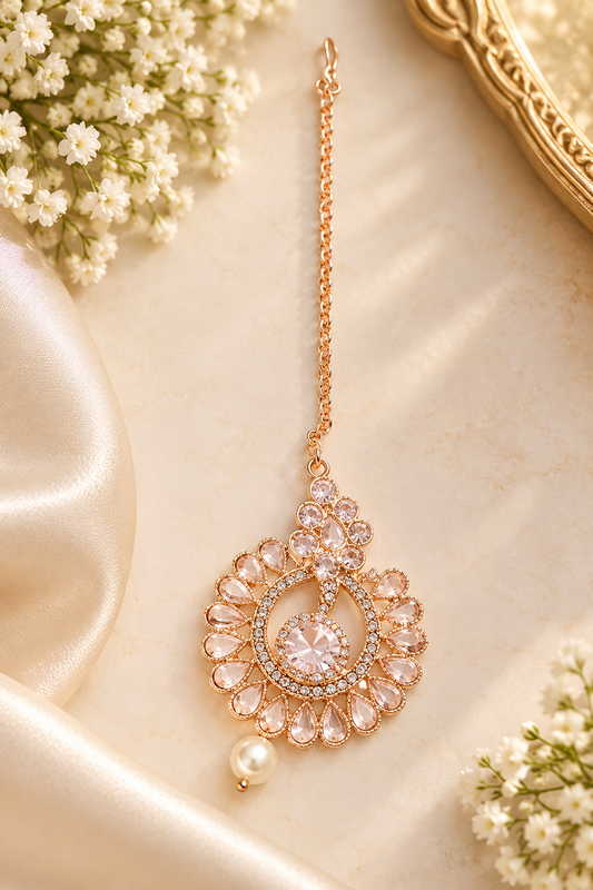 Rose Gold Crystal Maang Tikka with Pearl Drop