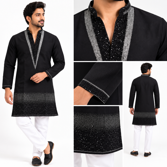 Black Designer Men's Kurta Pyjama Set