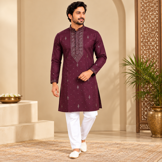 Men's Wine Kurta with Mukesh Work &amp; White Pyjama