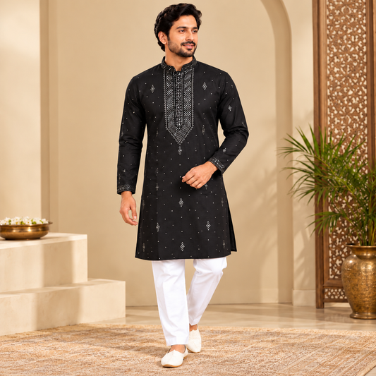 Black Designer Men's Kurta with Silver Mukesh Work