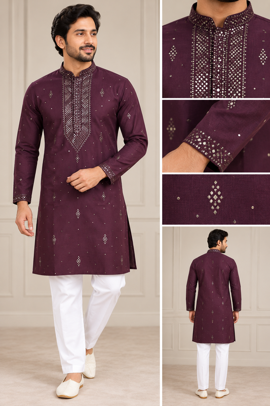 Men's Wine Kurta with Mukesh Work &amp; White Pyjama