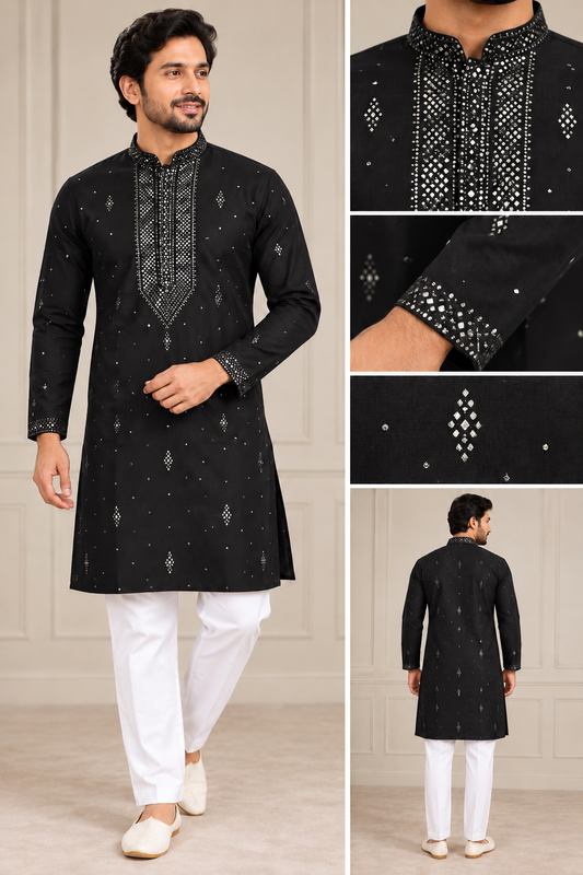 Black Designer Men's Kurta with Silver Mukesh Work