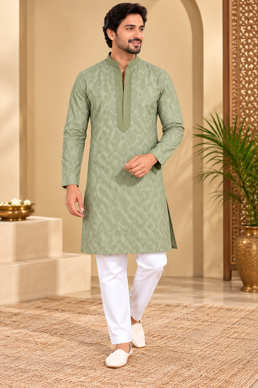 Men’s Sage Green Designer Kurta with White Pyjama | Kanal Collections