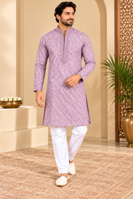 Men's Lavender Designer Kurta with Embroidered Placket