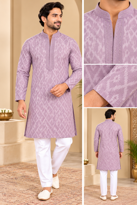 Men's Lavender Designer Kurta with Embroidered Placket