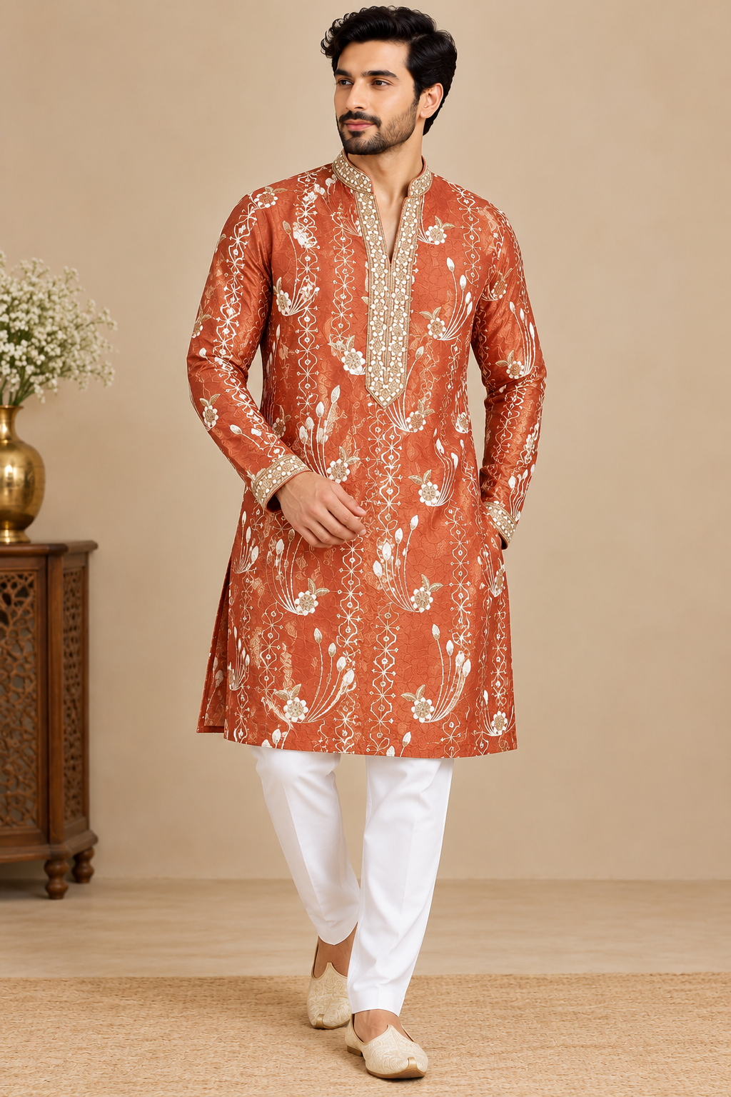 Rust Orange Designer Embroidered Men's Kurta