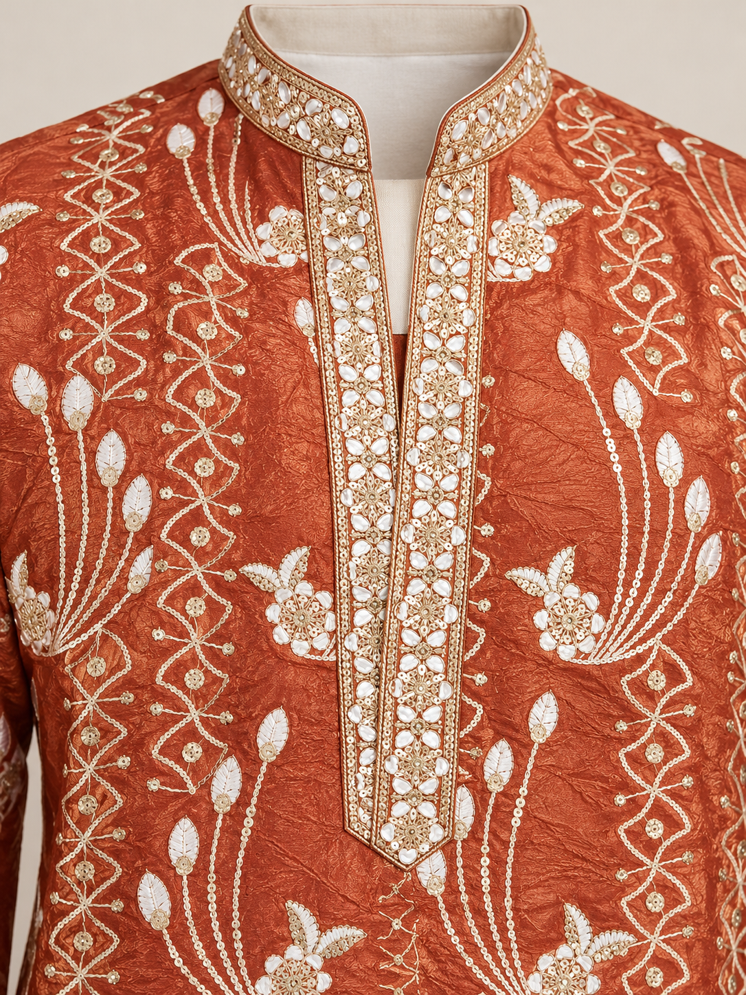 Rust Orange Designer Embroidered Men's Kurta