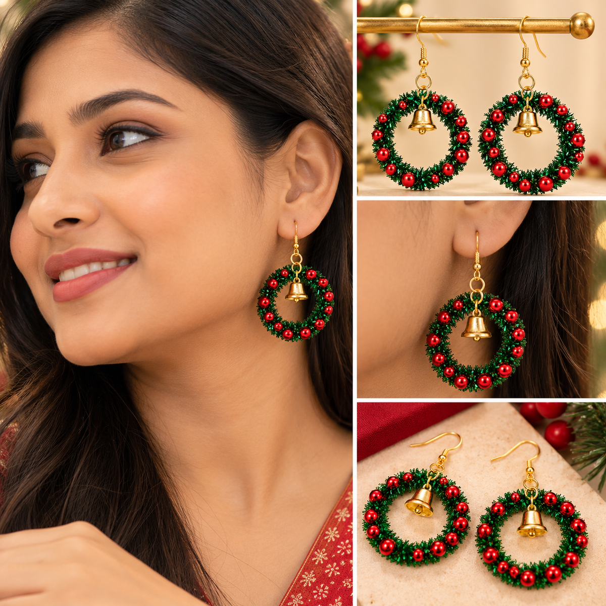 Christmas Wreath Earrings with Red Beads &amp; Gold Bells