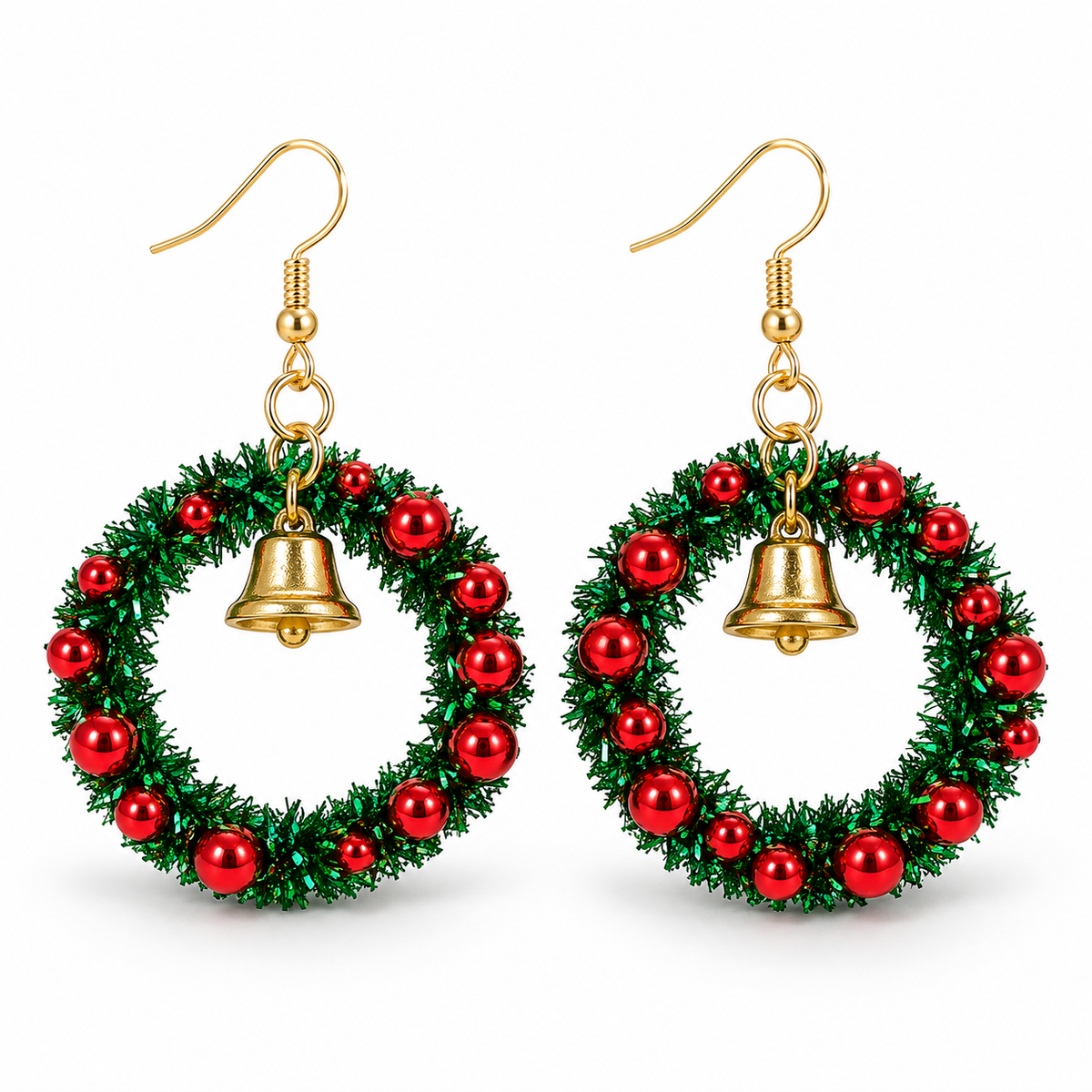 Christmas Wreath Earrings with Red Beads &amp; Gold Bells