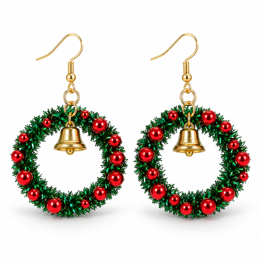 Christmas Wreath Earrings with Red Beads &amp; Gold Bells