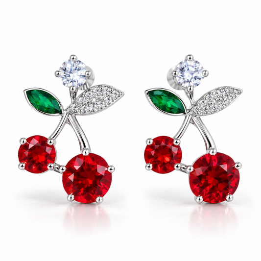 Cherry Crystal Stud Earrings with Red Gemstone Drops