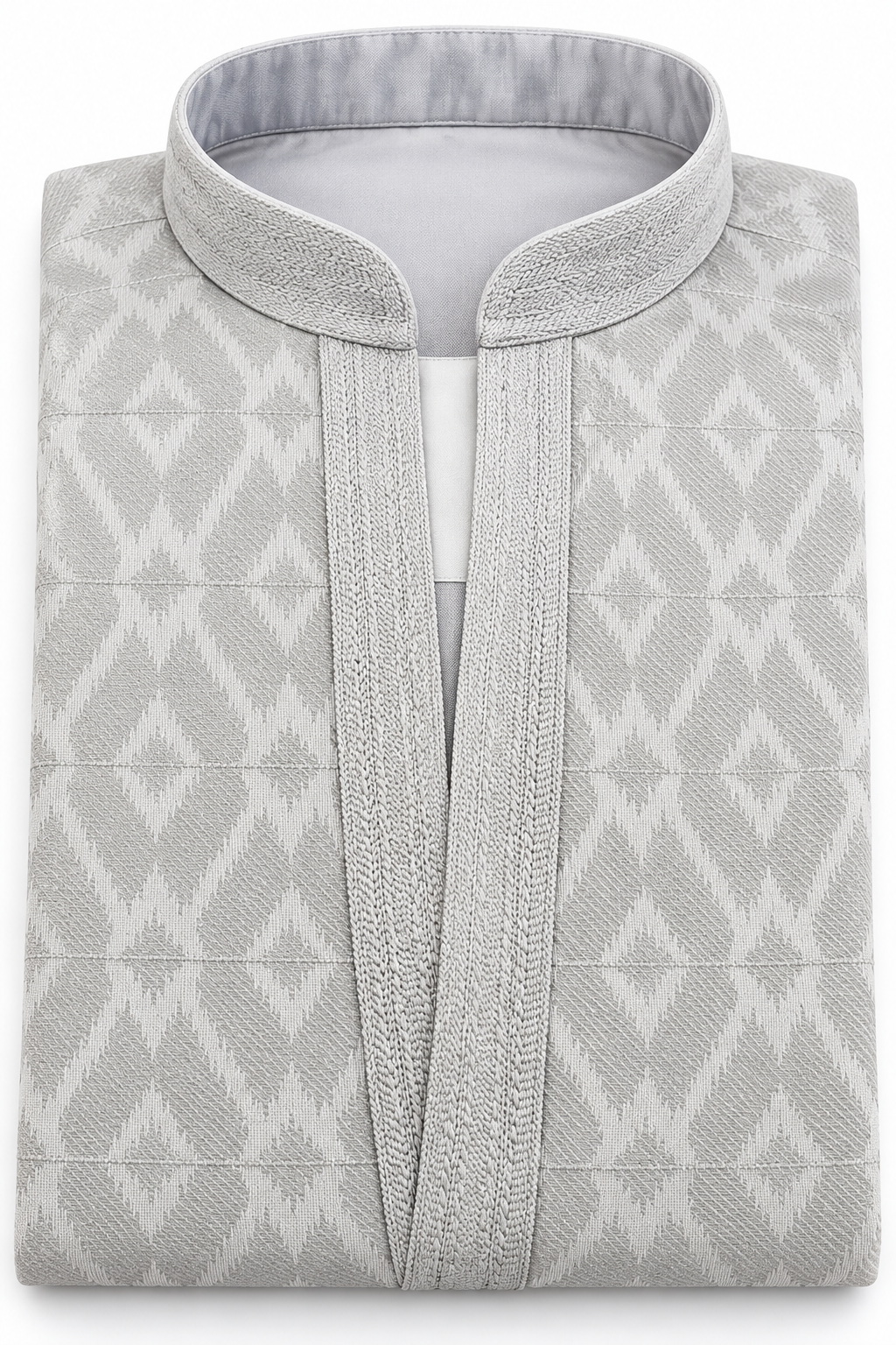 Men’s silver white jacquard kurta featuring geometric woven patterns, mandarin collar and textured front placket