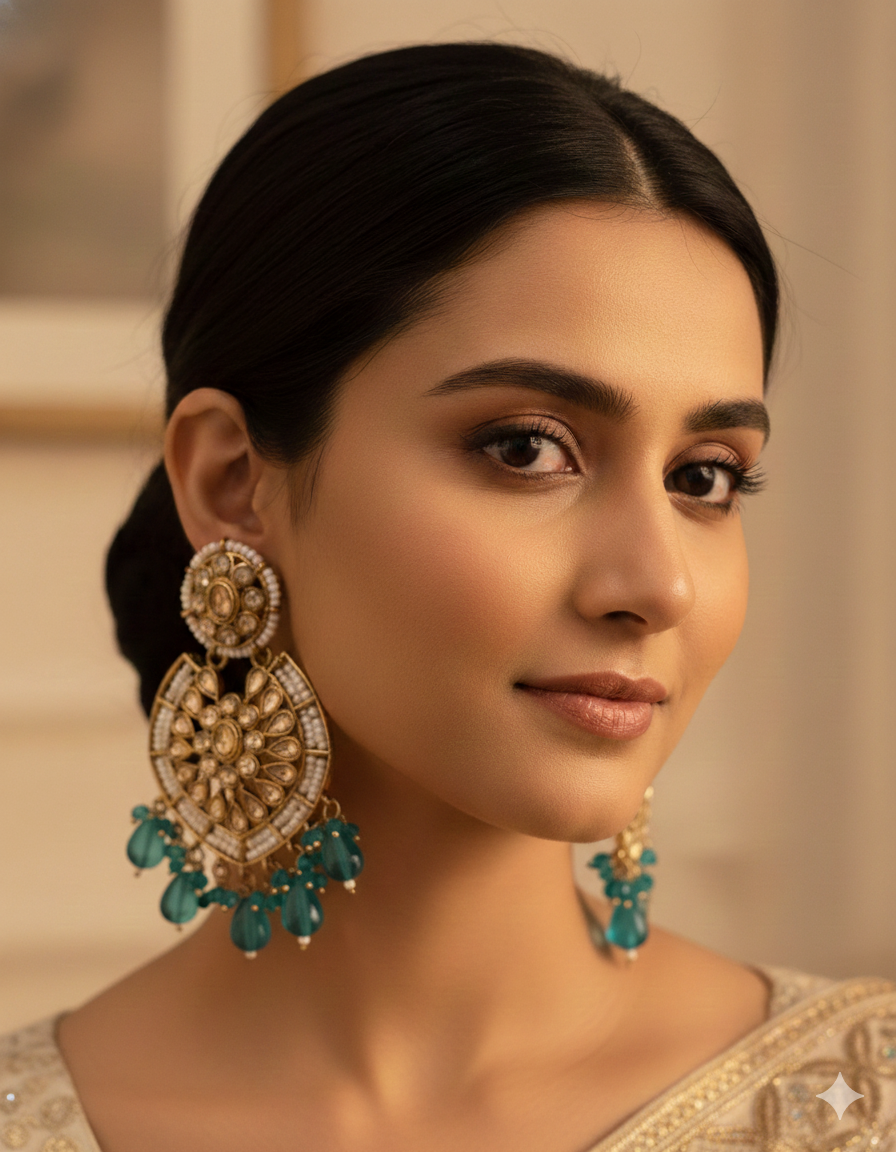 Traditional Gold-Plated Kundan Chandbali Earrings with Beaded Drops