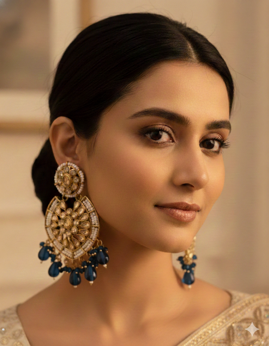 Traditional Gold-Plated Kundan Chandbali Earrings with Beaded Drops