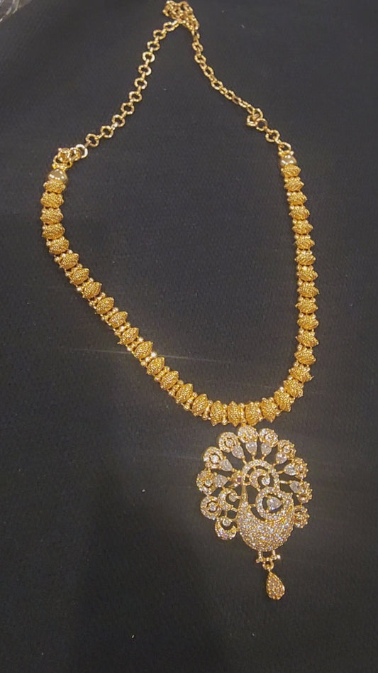 Gold Peacock Pendant Necklace | Traditional Indian CZ Jewellery | Statement Necklace