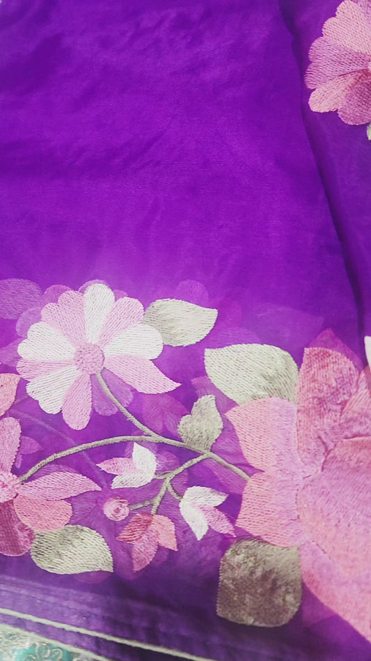 Vibrant Purple Organza Saree with Pink Floral Embroidery & Stitched Blouse
