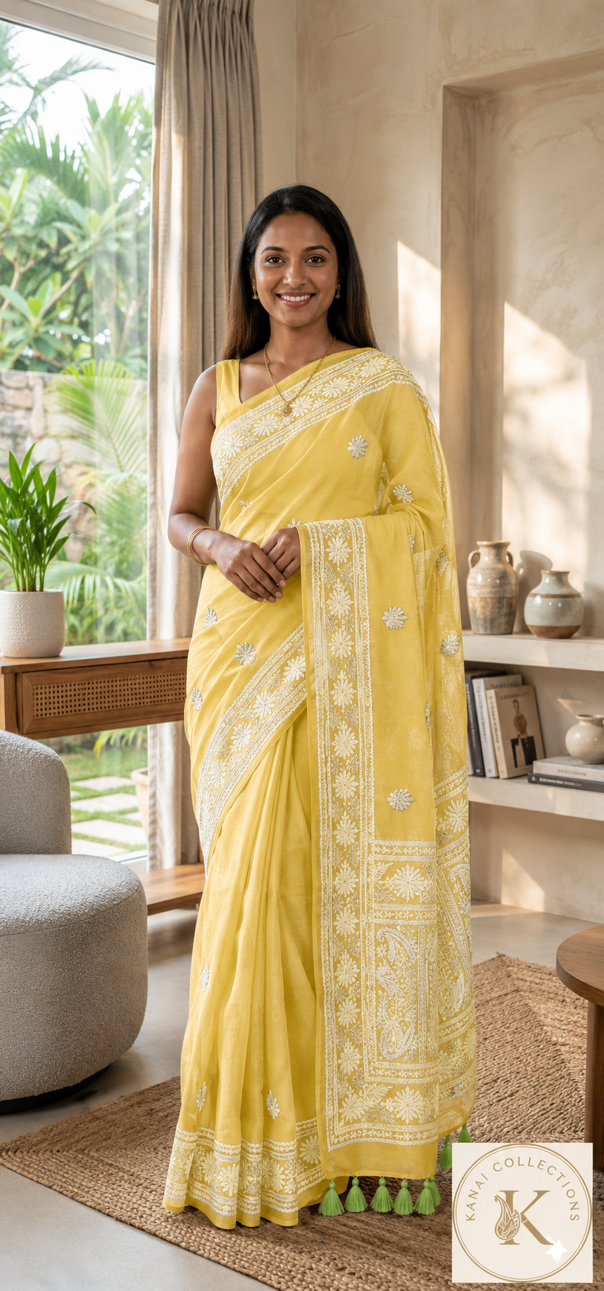 Sunshine Yellow Mul Cotton Saree with White Paisley Embroidery