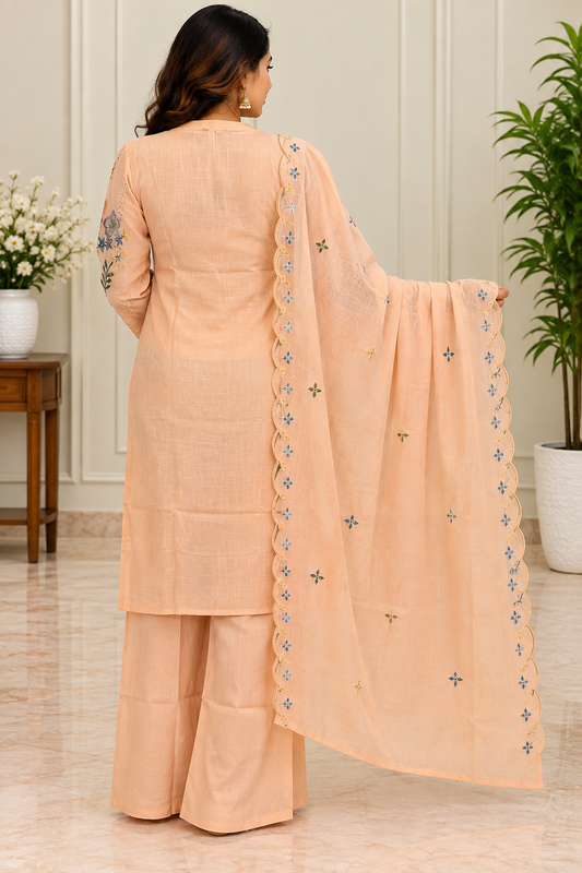 Peach Embroidered Cotton Salwar Suit Set with Scalloped Dupatta A1353