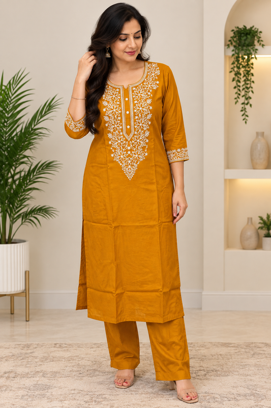 Mustard Yellow Embroidered Rayon Co-ord Set