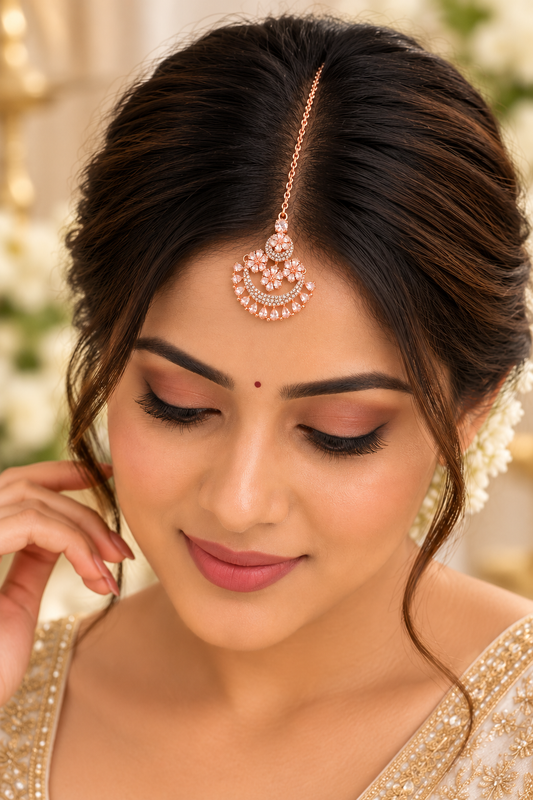 Rose Gold Floral Maang Tikka – Bridal & Party Wear Jewellery