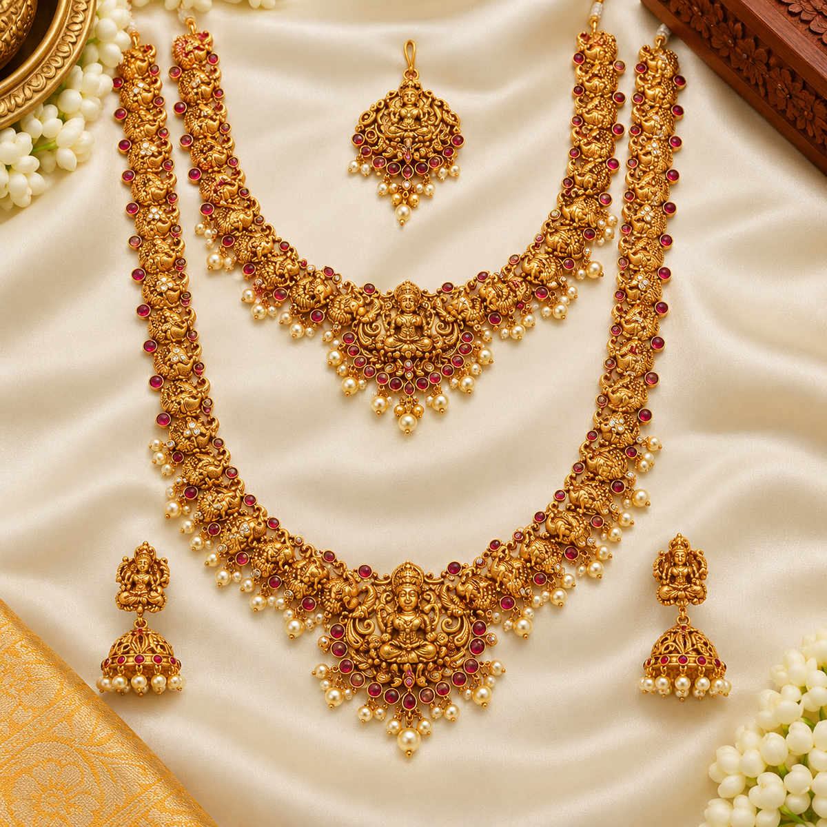 Traditional Lakshmi Temple Bridal Jewellery Set with Ruby & Green Stone Accents