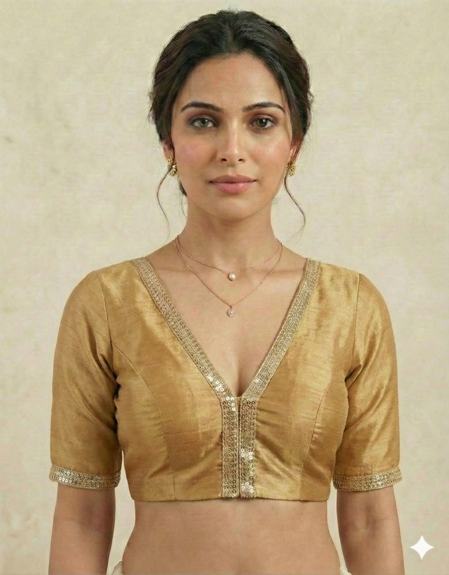 V-Neck Saree Blouse with Attached Sleeves  (Size 38 + Margin)