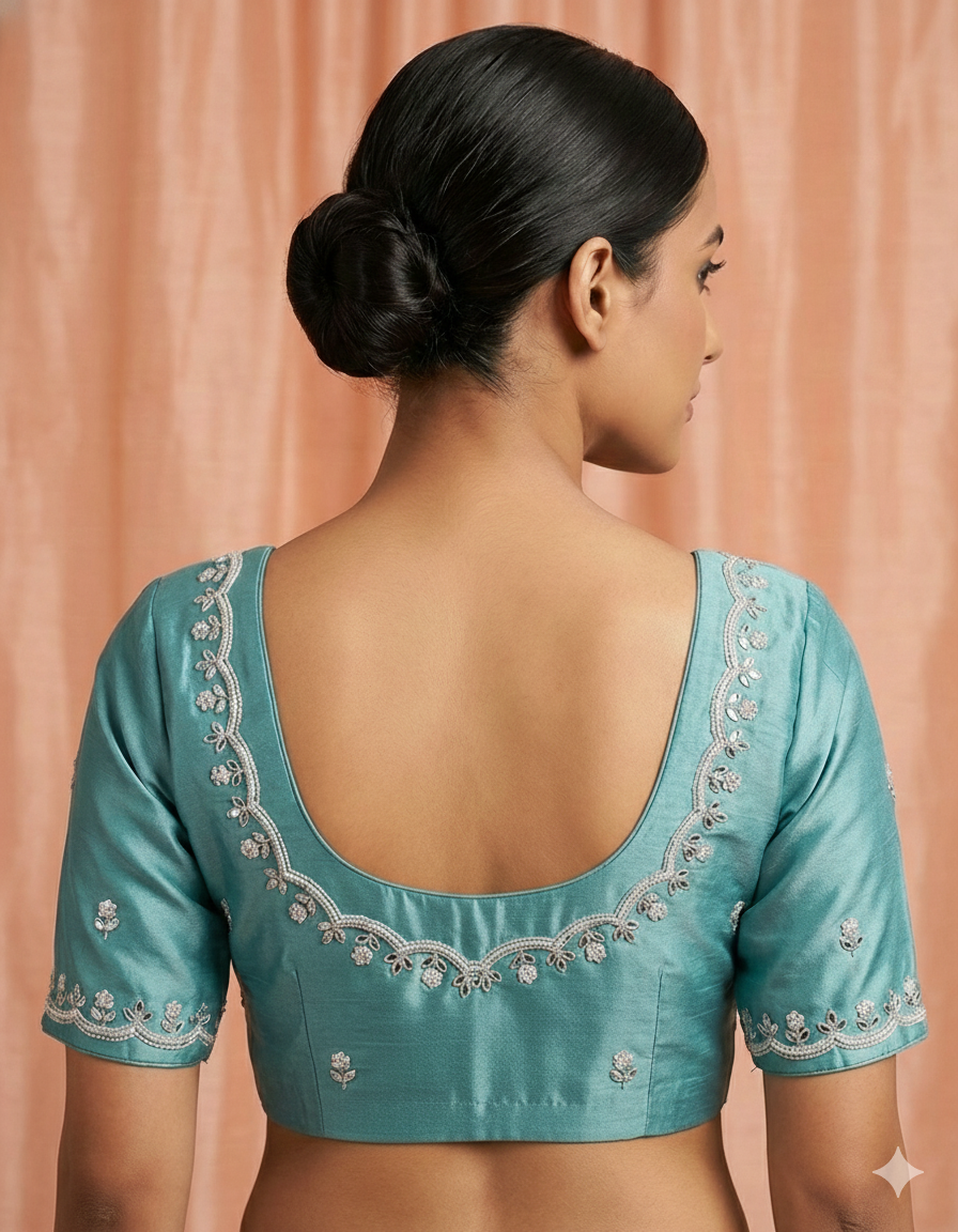 Hand-Embroidered Teal Saree with Mirror Work - Complete Ready-to-Wear Set