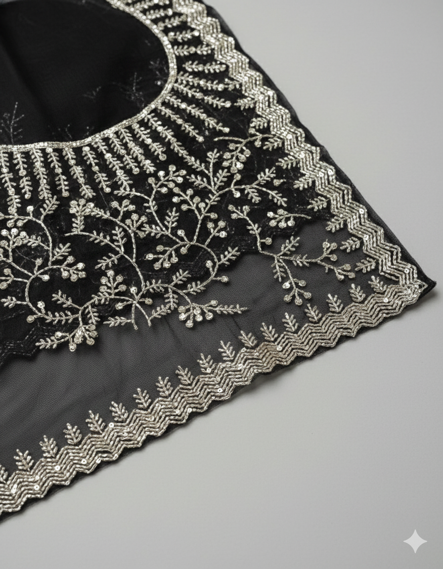 Midnight Elegance: Hand-Embellished Organza Saree