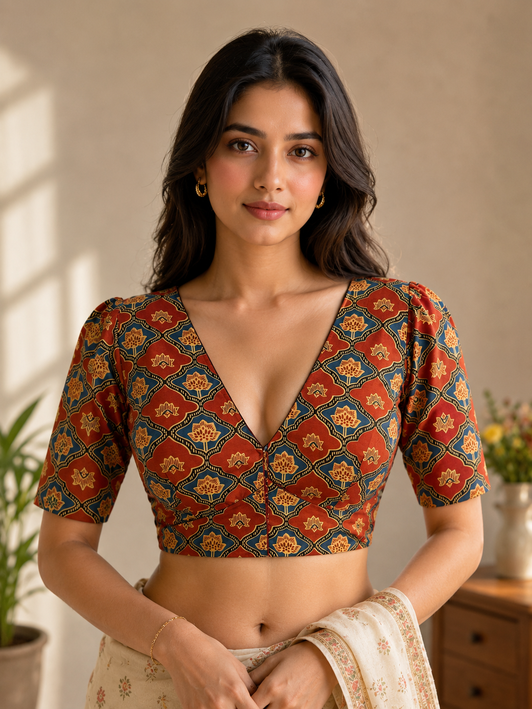 Elegant Rust Red Ajrakh Print V-Neck Cotton Blouse