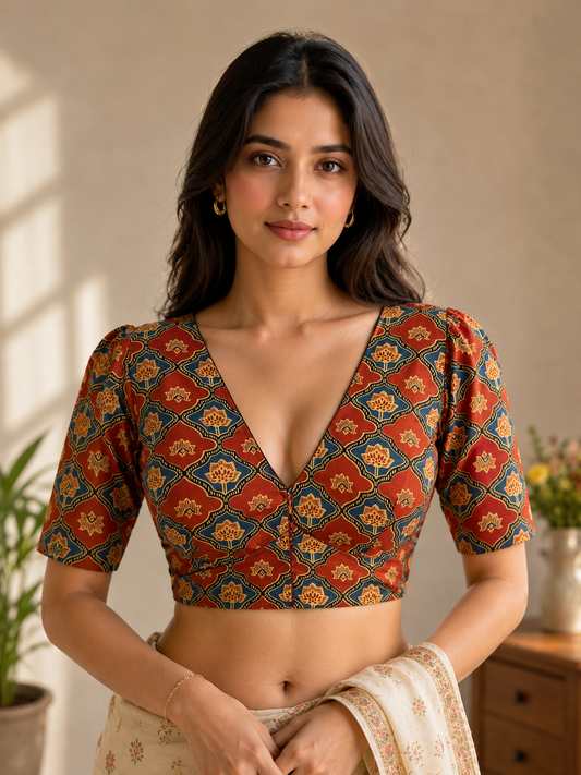 Elegant Rust Red Ajrakh Print V-Neck Cotton Blouse