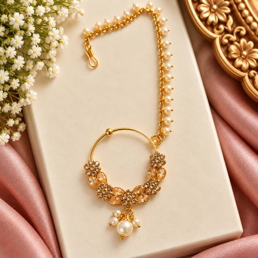 Bridal Gold-Tone Nath with Pearl Chain