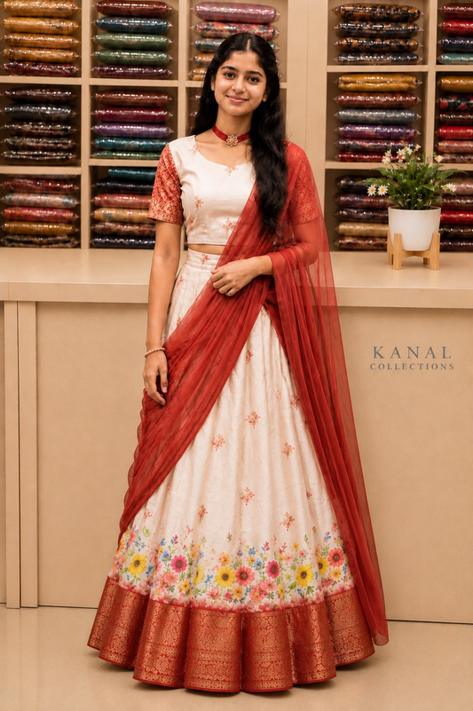 Model wearing an ivory floral lehenga set with a red dupatta, perfect for Onam celebrations in Australia. Available at Kanal Collections, Brisbane.