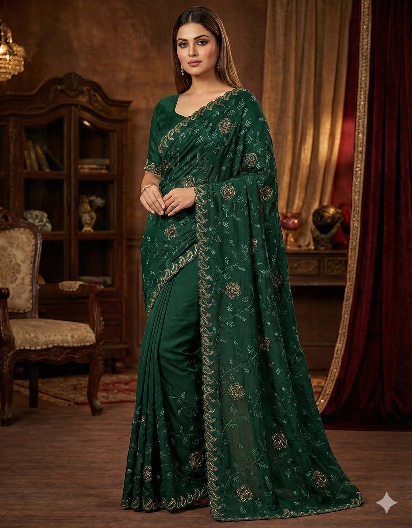Dark Green Embroidered Saree with Stone Work & Scalloped Border