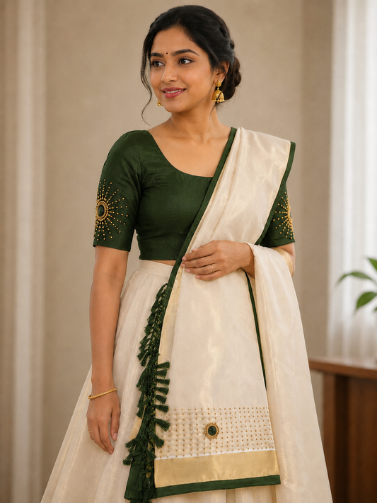 Bottle Green & Ivory Premium Dhavani Set | Fully Stitched Traditional Half Saree | Ready to Wear