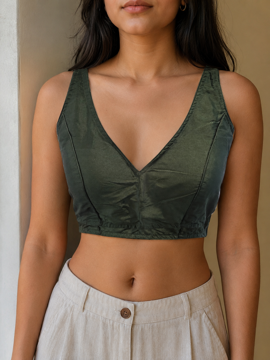 Bottle Green Solid Cotton Mix Padded Sleeveless Blouse