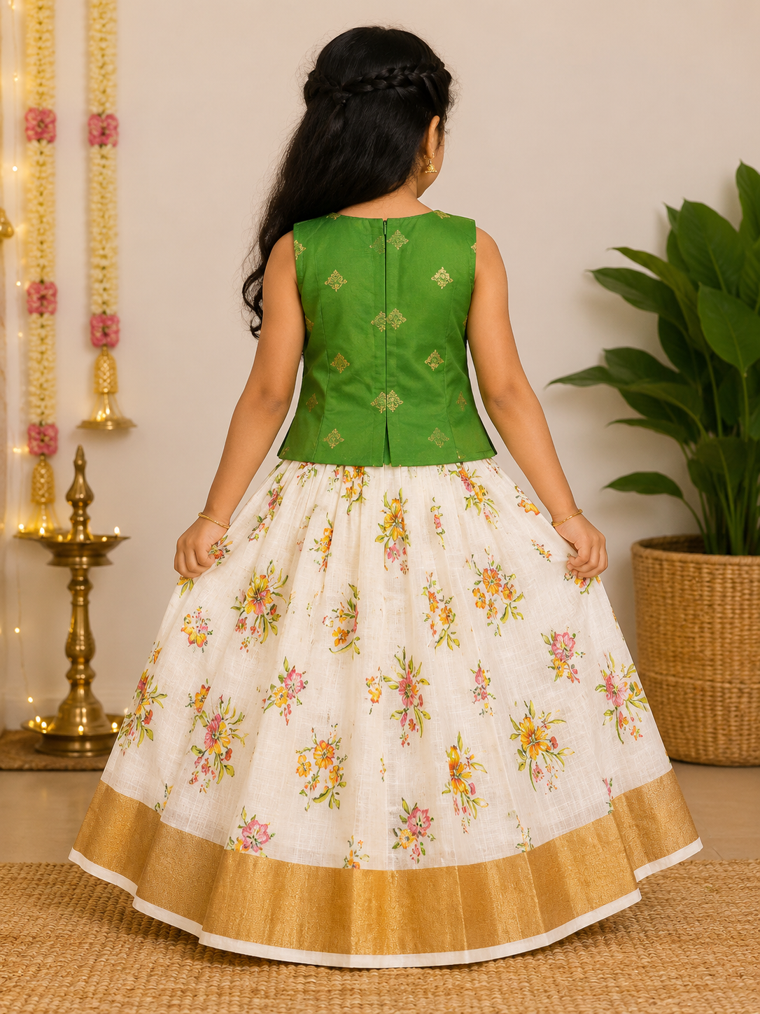 Kids Green and Cream Floral Pattu Pavadai | Girls Traditional Onam Lehenga Choli